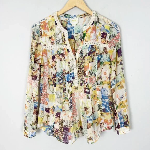 Anthropologie Maeve Floral Pullover Top Crochet Trim Boho Size 6 Women's - Picture 1 of 4
